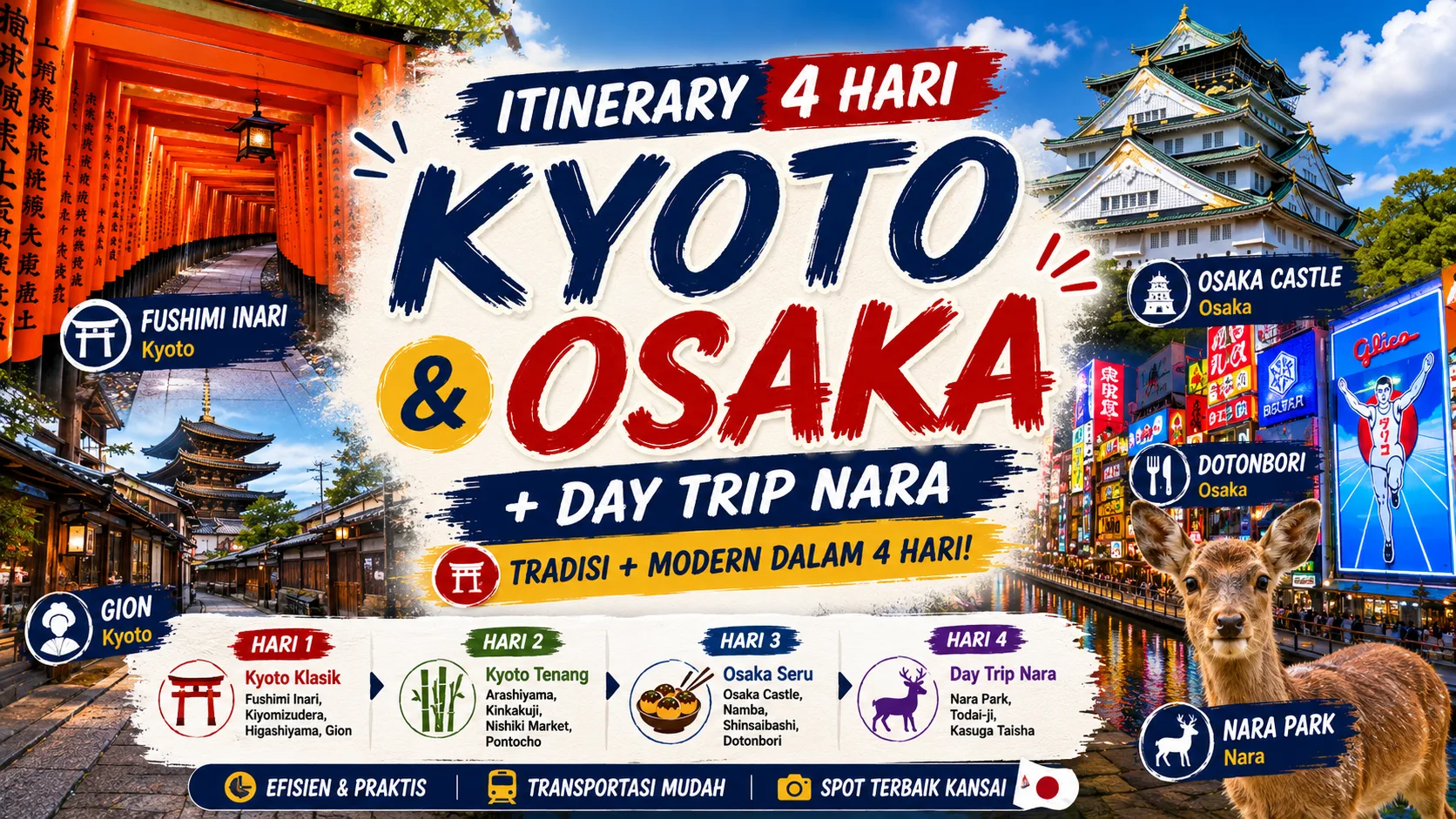 Itinerary Osaka Kyoto 4 hari lengkap: kuil, street food, dan day trip Nara