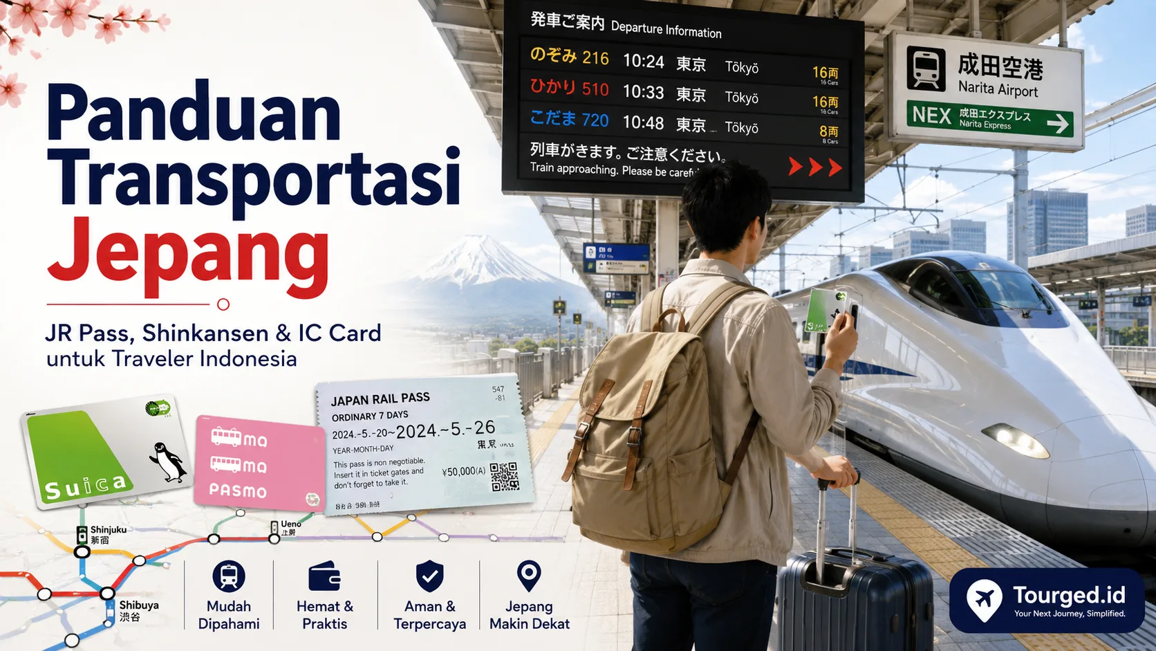 Kereta Shinkansen melaju kencang melewati stasiun di Jepang dengan Gunung Fuji di latar belakang
